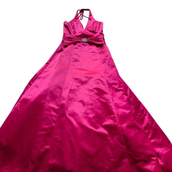 Vintage Jessica McClintock Gunne Sax Size 11/12 Fuchsia Satin Halter Y2K Gown - Picture 2 of 16